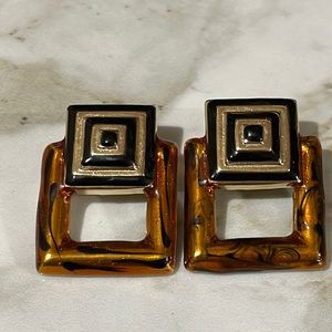Vintage Art Deco style pierced earrings. Gold and black and amber colours.
